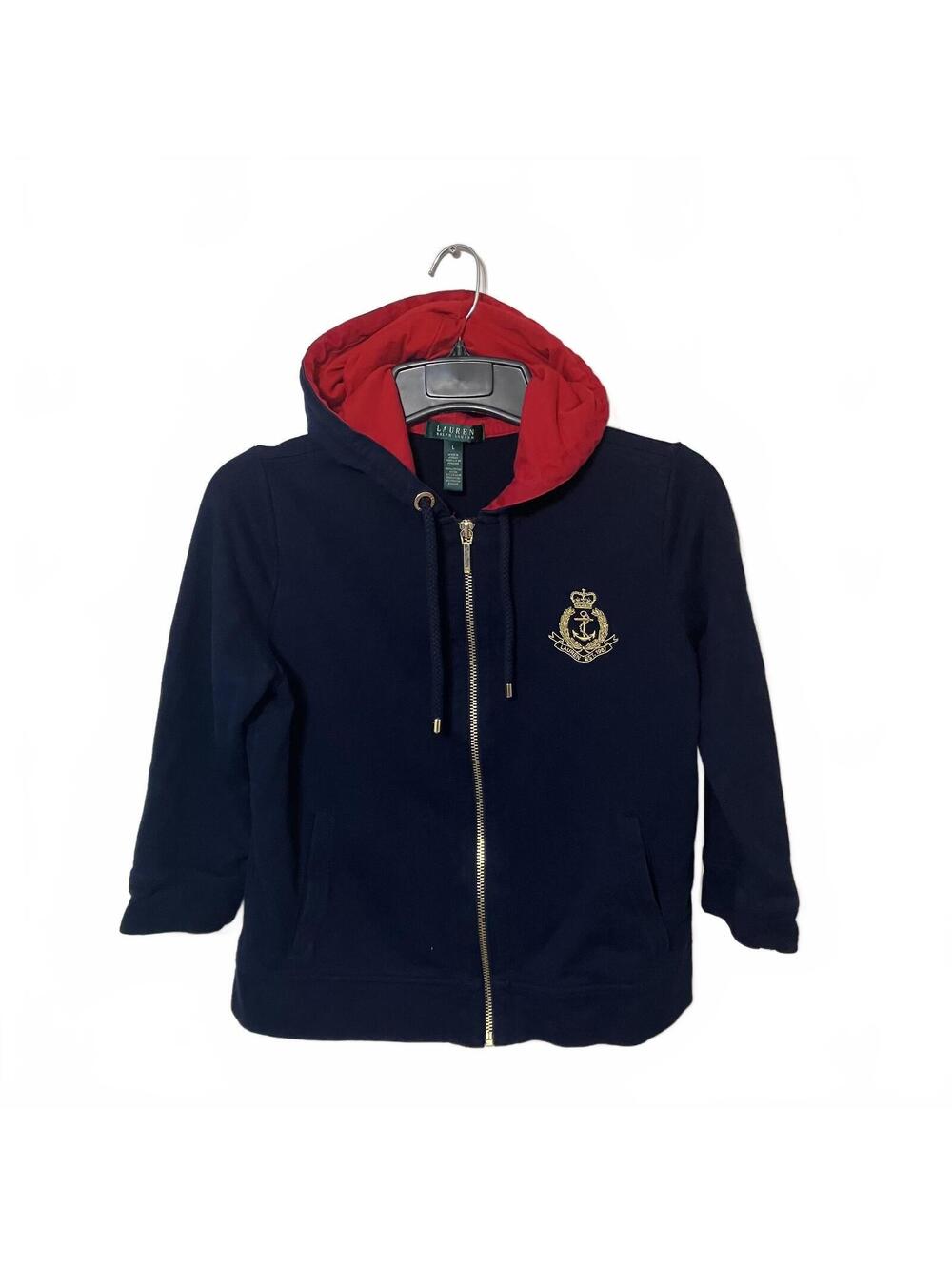 Lauren Ralph Lauren Preppy Navy Red Hooded Zip-Up Sweatshirt Jacket Women Medium